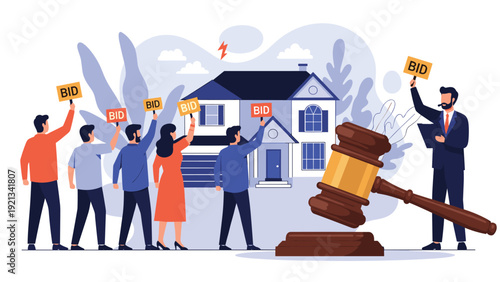 Group of people actively participating in an auction, holding up "BID" signs in front of a house, with a prominent gavel symbolizing the sale process.