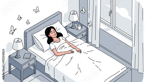 Serene young woman peacefully sleeping in her bed, surrounded by fluttering butterflies, creating a calm and dreamy atmosphere in her bedroom.