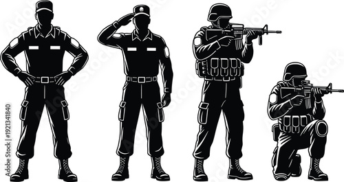 Black and white vector illustration of four military soldiers in different poses with uniforms, saluting, standing, aiming rifles, tactical combat gear