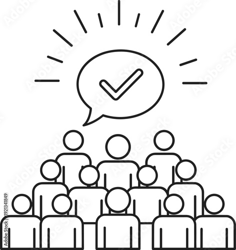 Black and white line vector illustration showing group of people with speech bubble checkmark symbol representing teamwork, consensus, approval, collaboration