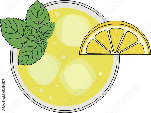 Refreshing lemon drink with mint and ice in glass