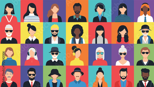 Grid of vibrant, diverse male and female avatar portraits on colorful backgrounds, representing a multi-ethnic community, social network users, or an online team collaboration.