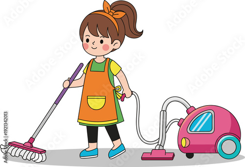 Cartoon child cleaning with mop and vacuum vector illustration, household chores concept, cheerful character design for cleanliness, hygiene and lifestyle themes