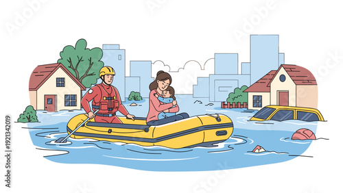 Brave rescue worker in an inflatable boat evacuates a woman and child from a severely flooded city, with submerged houses and cars, illustrating flood relief and natural disaster response.