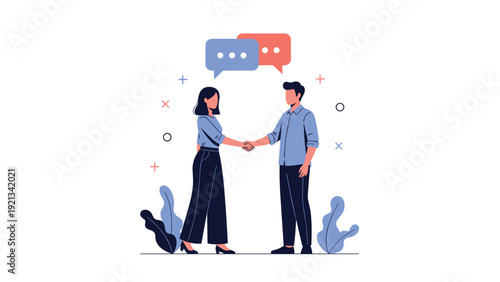Man and woman shaking hands warmly, with accompanying speech bubbles, symbolizing a successful business agreement, professional partnership, or collaborative venture in a corporate setting.