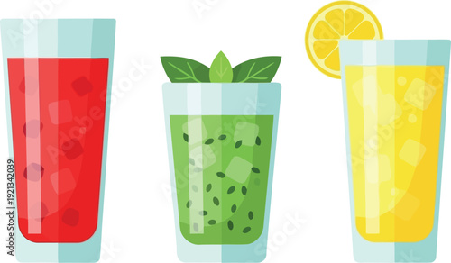 Colorful refreshing cocktails with fruit and mint garnishes