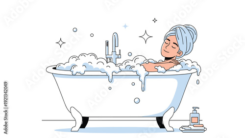 Happy woman peacefully unwinds in a luxurious bubble bath, adorned with a towel on her head and surrounded by sparkling bubbles, symbolizing ultimate self-care and relaxation.
