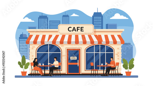 Charming cafe storefront with inviting outdoor seating, where people enjoy coffee and conversation, set against a bustling city skyline, depicting vibrant urban social gathering.