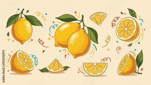 Vibrant collection of fresh, zesty lemons, presented both whole and sliced with lush green leaves and playful decorative elements, perfect for culinary and refreshing designs.