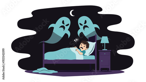 Frightened child lies wide awake in bed during the night, surrounded by two menacing, spooky ghosts, vividly illustrating common nightmares and vivid childhood fears.