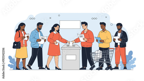 Diverse group of citizens lining up patiently to cast their ballots into a voting box, symbolizing the fundamental principles of elections, democracy, and civic responsibility.