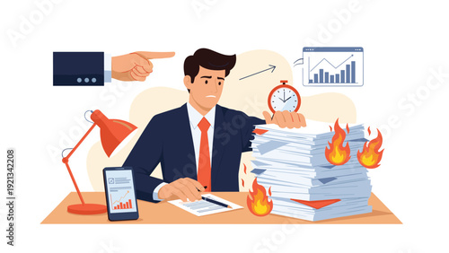 Stressed businessman overwhelmed by a huge pile of burning documents, with a pointing hand, timer, and charts, powerfully symbolizing extreme workplace burnout and excessive workload.