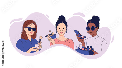 Three diverse women expertly apply makeup, surrounded by a variety of cosmetic products, symbolizing beauty routines, self-care, and the artistry of personal grooming and style.