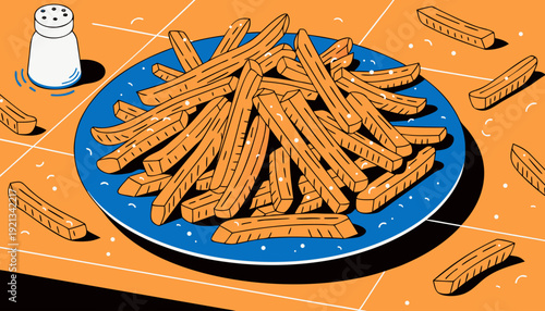 Unhealthy Eating Habits And Comfort Food Illustration Of French Fries On Plate With Salt Shaker Representing Diet Nutrition And Fast Food Cravings