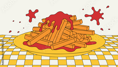Unhealthy Eating Habits And Overconsumption Illustration Of French Fries Pile With Ketchup On Plate Representing Diet Nutrition And Fast Food Culture
