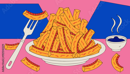 Unhealthy Food Cravings Cartoon Illustration Of French Fries With Sauce Representing Overeating Junk Food Addiction And Dieting Challenges On Pink And Blue Background