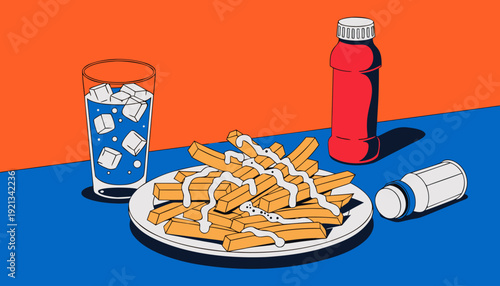 Unhealthy Eating Habits And Diet Illustration Of French Fries With Sauce Soda Ketchup And Salt On Table Against Orange And Blue Background Fast Food Concept