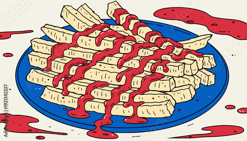 Unhealthy Eating Habits And Diet Illustration Of French Fries Covered In Ketchup On A Blue Plate Representing Overeating Fast Food Addiction And Poor Nutrition Choices