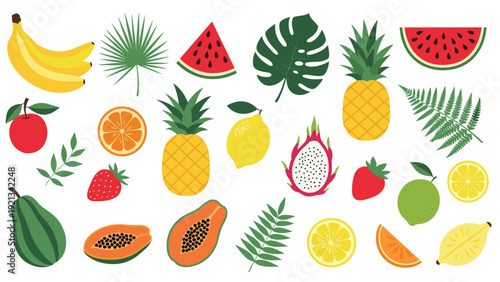 Vibrant collection of diverse tropical fruits, including bananas, watermelon, pineapples, papayas, dragon fruit, and citrus slices, beautifully arranged with lush palm leaves.
