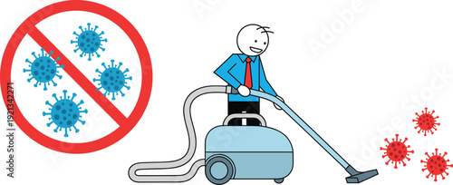 Cartoon style person vacuum cleaning red virus particles with prohibition sign, hygiene health sanitization concept vector illustration for stock content