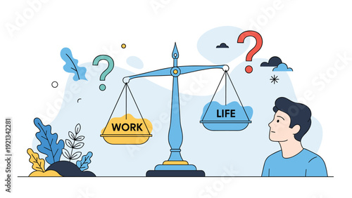 Man contemplates a balance scale weighing 'Work' against 'Life' with surrounding question marks, symbolizing the crucial concept of work-life balance and complex personal decision-making.