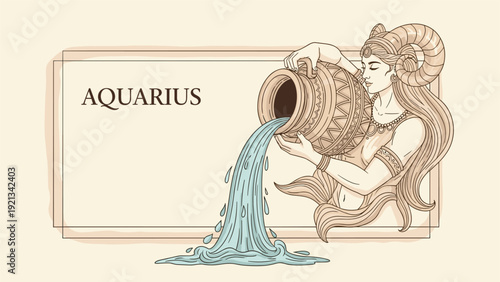 Intricate vintage-style illustration of the Aquarius zodiac sign, portraying a majestic woman gracefully pouring water from a decorative jar, with 'AQUARIUS' text for astrological representation.