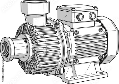 Detailed technical vector illustration of centrifugal pump with electric motor housing, volute casing, cooling fins, terminal box, industrial design engineering.