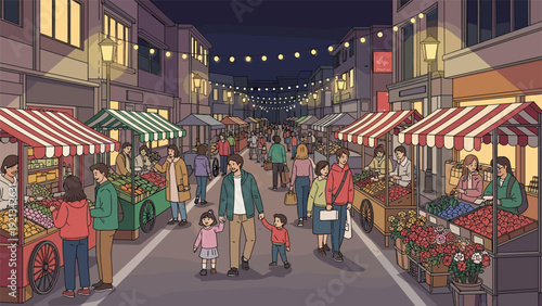 Vibrant and bustling night market street scene with numerous illuminated stalls selling a wide array of food and goods, filled with diverse people and happy families enjoying the evening.