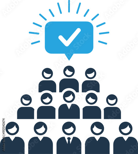 Group of people pyramid formation with speech bubble checkmark vector illustration, teamwork consensus approval concept for community, decision and collaboration themes