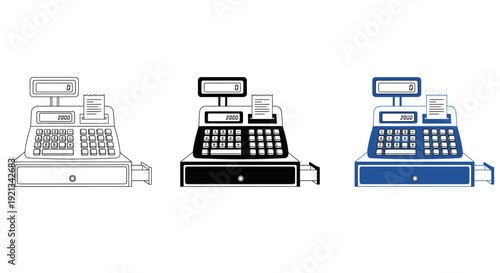 Cash Register and Point of Sale (POS) Icon Set in Outline, Solid Black, and Blue Styles for Retail, Grocery, and Checkout App Design