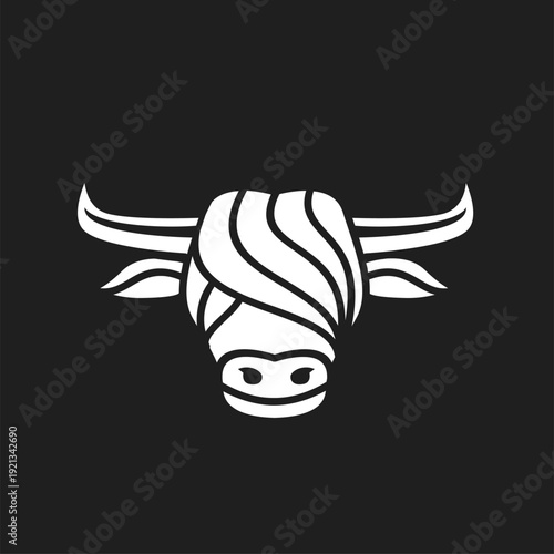White Stylized Bull Head Logo with Wavy Hair and Horns on Black Background