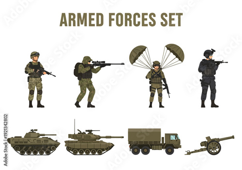 Collection of Military Personnel and Vehicles, including Soldiers, Tanks, and Artillery