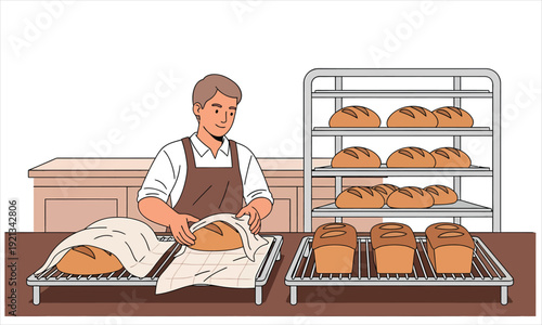 Bakery worker removing freshly baked loaves from the cooling rack and covering them with a cloth in the artisan bakery kitchen