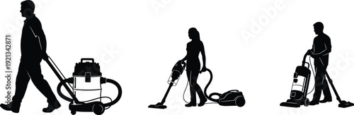 Silhouettes of people using industrial canister vacuum, household canister vacuum, and upright vacuum cleaner representing diverse cleaning equipment concepts