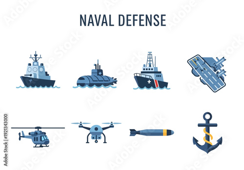 Collection of Naval Defense Icons Ships, Submarines, Aircraft Carrier, Helicopter, Drone, Bomb, and Anchor