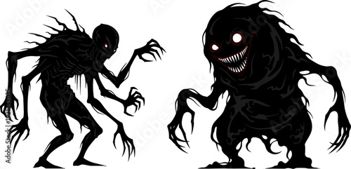 Dark monstrous silhouette creatures illustration, surreal horror fantasy concept art with skeletal claws and chaotic shadow form, eerie nightmare design for creative projects