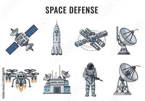 Set of space defense technology and equipment icons for security and surveillance systems