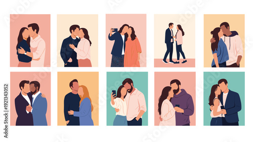 Collection of ten heartwarming illustrations showcasing diverse couples in various affectionate poses, including hugging, kissing, and taking selfies, celebrating love and romantic relationships.