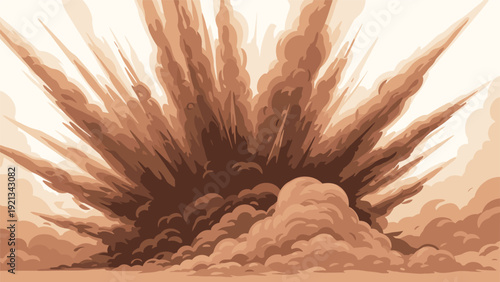 Massive and powerful explosion of brown smoke and debris, dramatically expanding across the entire frame, conveying intense force and a catastrophic, impactful event.