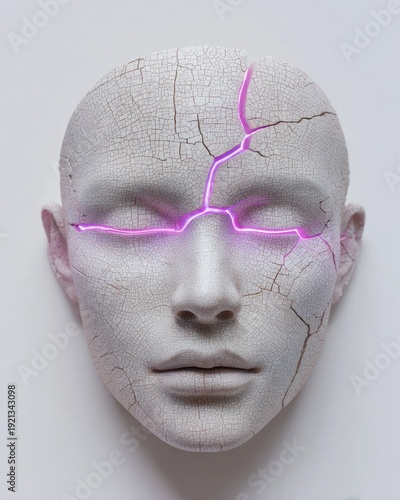 Conceptual 3D portrait of a cracked white ceramic mask with glowing pink neon light inside