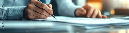 close-up of hands in a dress shirt signing paperwork with a pen on a desk, stacks of documents and focused professional concentration