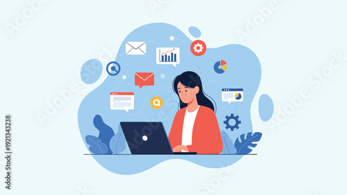 Focused woman efficiently works on a laptop, surrounded by diverse icons representing communication, data, and business analytics, symbolizing high productivity and modern digital work.
