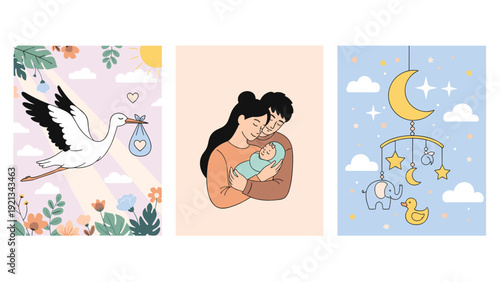 Trio of charming illustrations celebrating childbirth and new beginnings: a stork delivering a baby, loving parents embracing their newborn, and a delightful baby mobile, symbolizing joy and family.