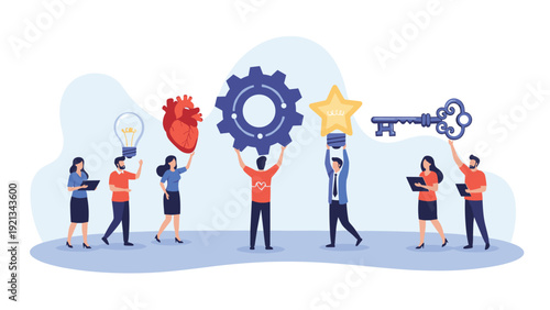 Diverse group of individuals collaboratively holds aloft icons representing ideas, hearts, gears, stars, and keys, symbolizing effective teamwork, shared creativity, and successful problem-solving.