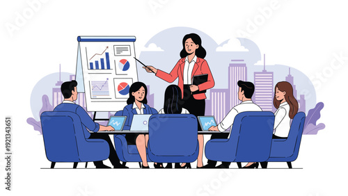 Female team leader presenting business growth charts and pie graphs on a flipchart during a corporate meeting in a modern office.