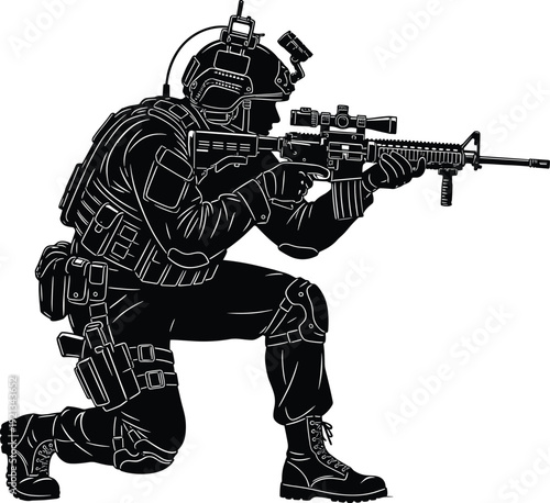 Vector illustration of tactical soldier silhouette kneeling with rifle, helmet, vest, scope, combat gear, military posture, defense equipment design.