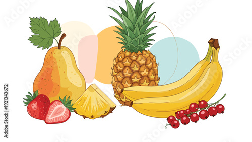 Vibrant assortment of fresh, colorful fruits including pineapple, bananas, strawberries, red currants, and a pear, with abstract shapes.