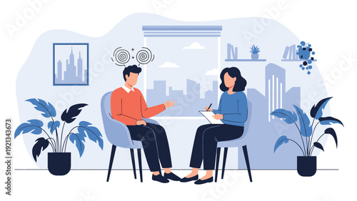 Man experiencing anxiety with swirling thoughts during a therapy session with a supportive female psychologist in a cozy office.