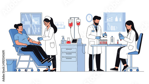 Medical professionals performing blood tests and transfusions in a clinical laboratory setting with patient and specialized equipment.