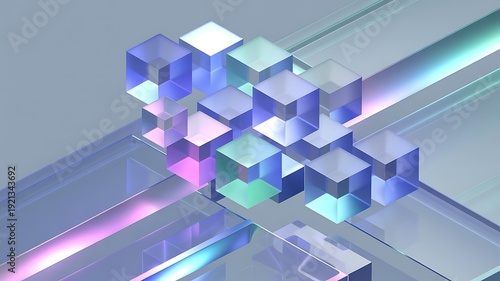 Abstract geometric composition of translucent cubes with vibrant neon light reflections creating a futuristic digital art with a sense of depth and complexity ideal for technology